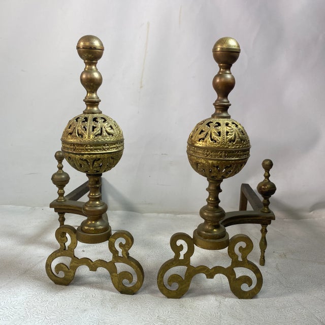 Antique Pair Quality Gold Gilt Brass Pierced Floral Design Andirons For Sale - Image 11 of 11