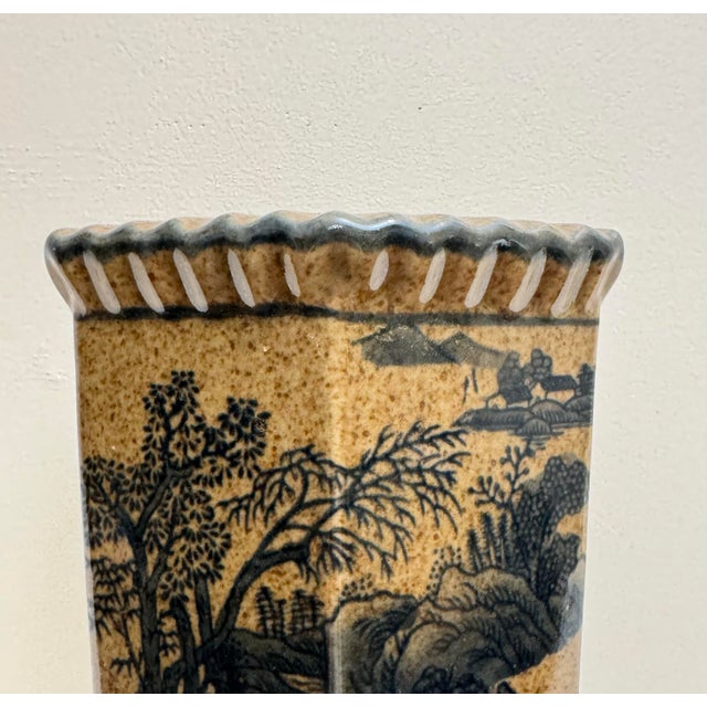 Asian Chinoiserie Landscape Scene Glazed Ceramic Hexagon Vase For Sale - Image 9 of 12