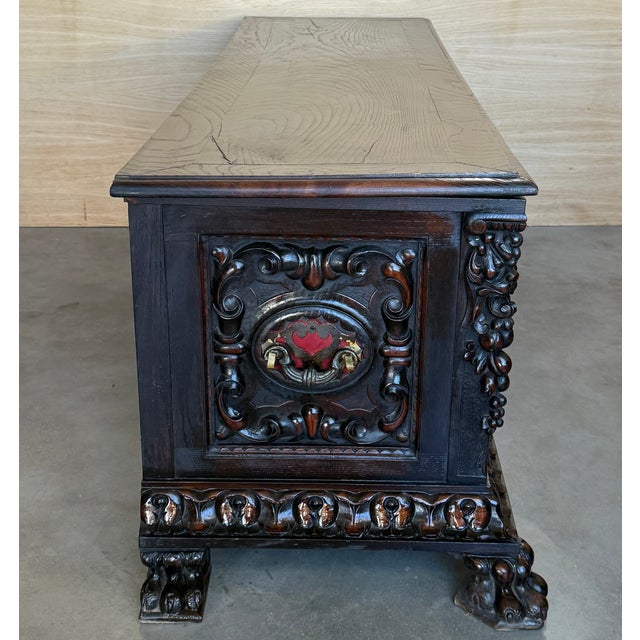 Black 19th Spanish Baroque Carved Large Hall Bench With Storage For Sale - Image 8 of 15