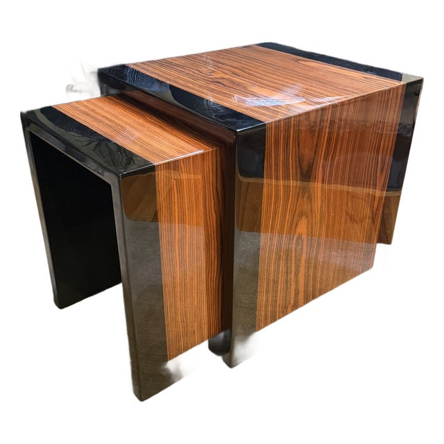 Mid Century Modern Stacking Table Set High Gloss and Zebrawood in the Style of Willy Rizzo. For Sale