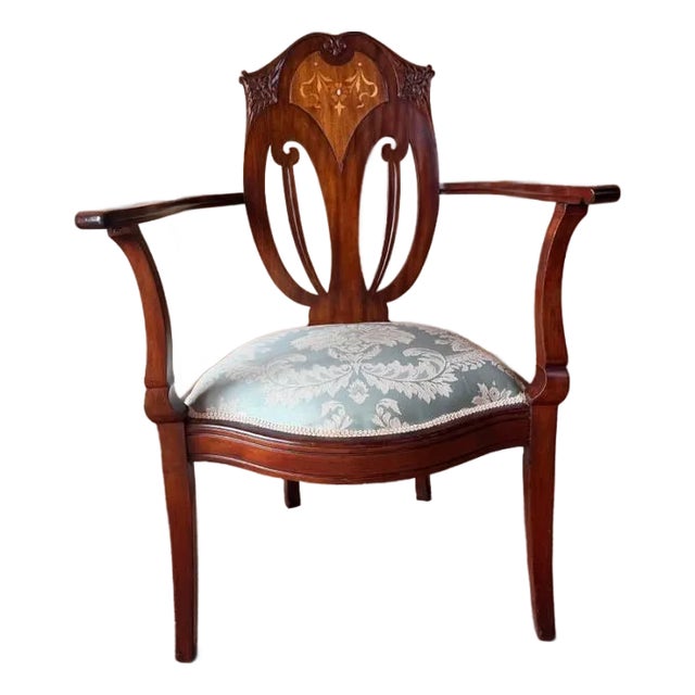 Antique Art Nouveau Marquetry Mixed Wood Oak Open Armchair For Sale