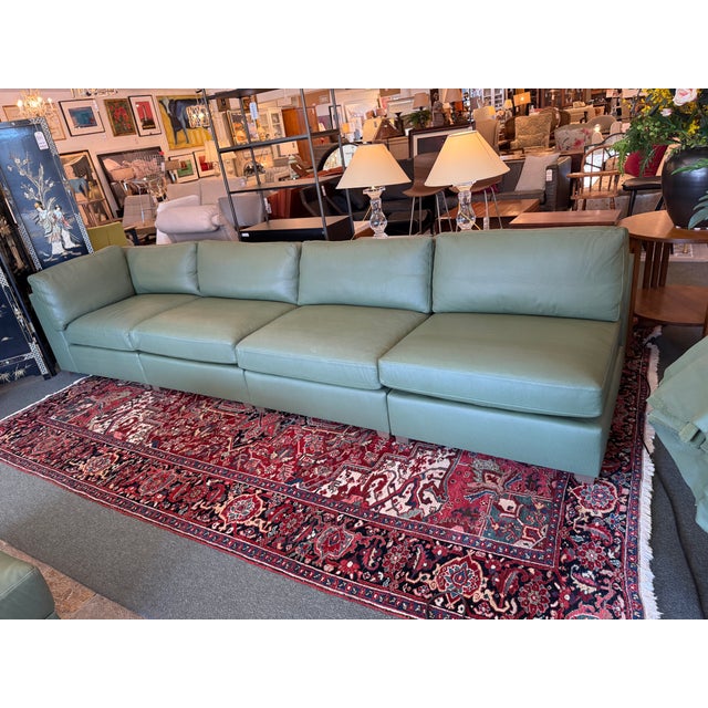 Fitzgerald Modular Teal Leather Sofa With Storage Ottoman, Set For Sale - Image 13 of 17
