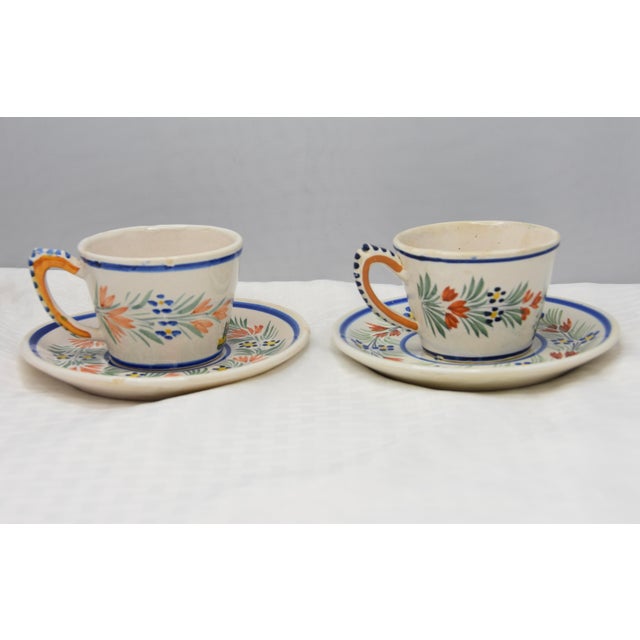 Henriot Quimper Late 19th Century Hand Painted France Henriot Quimper Man Faience Flat Cup & Saucer - 4pcs For Sale - Image 4 of 7