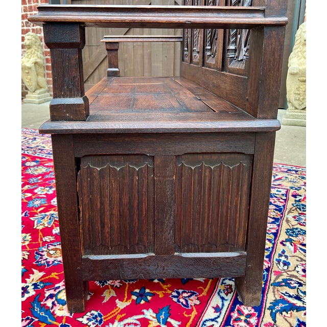 Antique French Bench Settee Gothic Oak Linen Fold Figural Lift Top Seat C. 1900 For Sale - Image 12 of 12