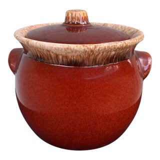 Vintage American Stoneware Hull Pottery “Oven Proof” Brown Drip Bean Pot With Lid For Sale