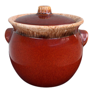 Vintage American Stoneware Hull Pottery “Oven Proof” Brown Drip Bean Pot With Lid