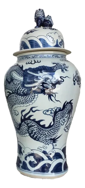 Vintage Lg Chinoiserie Blue & White Porcelain Ginger Jar Dragon & Phoenix 37" H