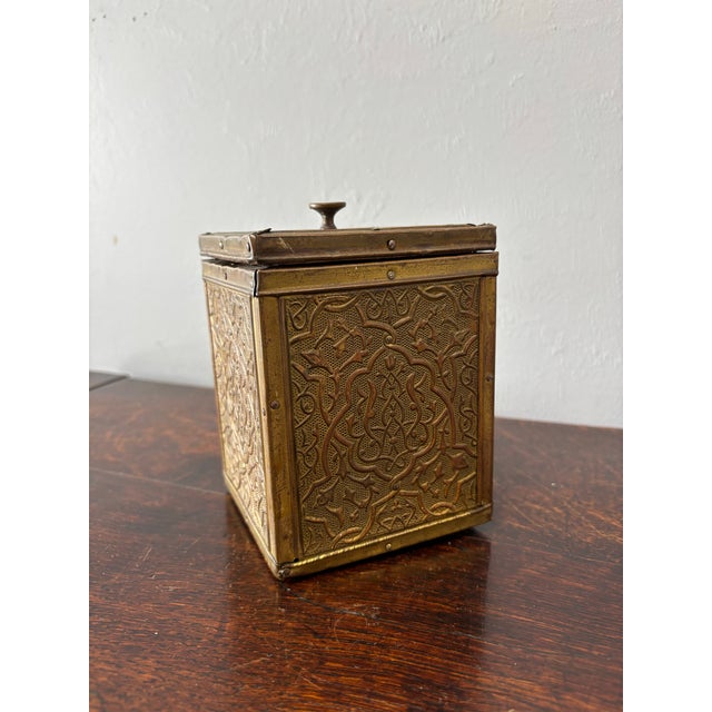 Vintage English Brass Repousse Tea Caddy For Sale - Image 4 of 7
