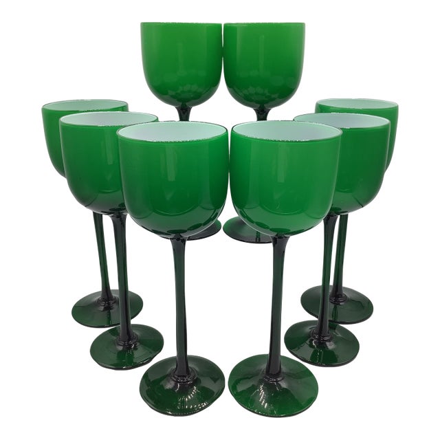 Vintage Carlo Moretti Italy Green White Cased Glass Tall Stem Wine Glasses - Set of 8 For Sale