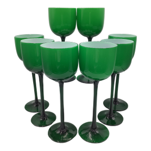 Vintage Carlo Moretti Italy Green White Cased Glass Tall Stem Wine Glasses - Set of 8
