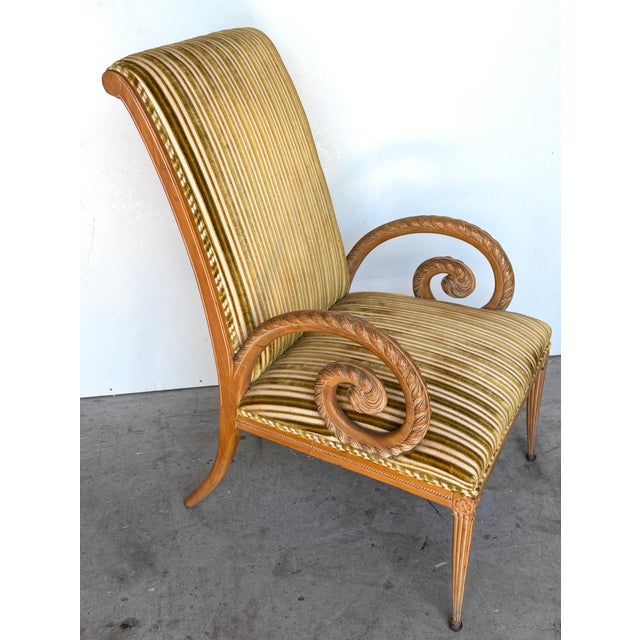 Pair French Modern Carved Feather Scroll Arm Lounge Chairs, Style Maison Jansen For Sale - Image 4 of 18