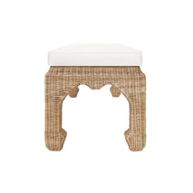 Transitional Matthew Izzo Home Massey Ming Style Rattan Bench With Ivory Linen Cushion For Sale - Image 3 of 4