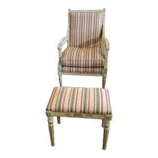 1960s Mid-Century Louis XVI Style Open Arm Chair and Stool For Sale