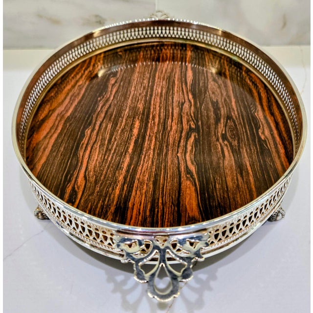 Mid-Century Modern Mid Century Sheffield Silver Co. Formica Laminate Footed Serving Tray, Wood-Grain, Silverplate Gallery For Sale - Image 3 of 12