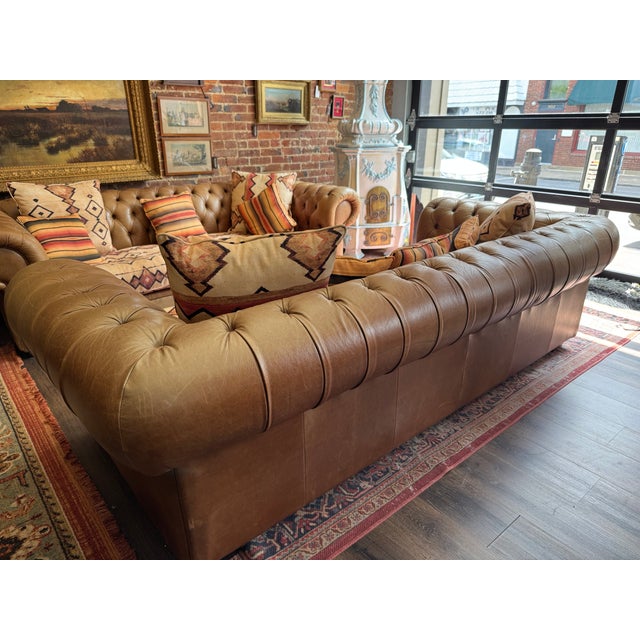 American Pair of Vintage Chesterfield Style Leather Sofas With Kilim Fabric Cushions For Sale - Image 3 of 15