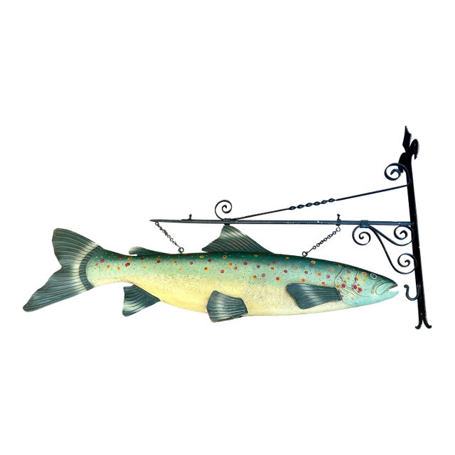 Large Vintage Painted Folk Art Fish Trade Sign For Sale