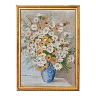 French Vintage Framed Oil Painting of Daisies For Sale