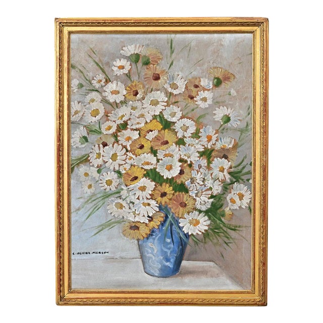 French Vintage Framed Oil Painting of Daisies For Sale