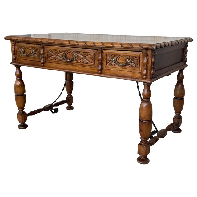 20th Century French Louis XV Style Carved Walnut Writing Desk With Three Drawers For Sale - Image 9 of 9