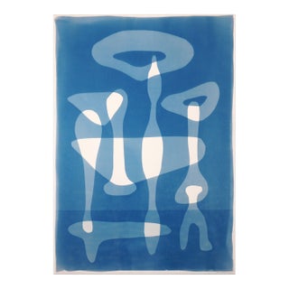 2026, Figurative Tribal Furniture, Handmade Monotype Cyanotype in Blue Tones, Stone Tools Silhouettes on Paper For Sale