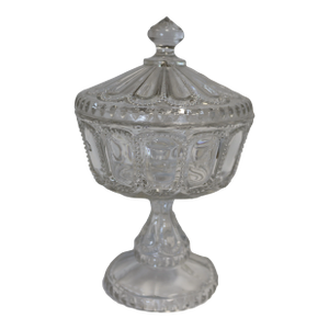 Antique Covered Compote by Dalzell, Gilmore and Leighton Glass Co, Beaded Medallion Pattern