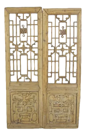 Antique 1900s Chinese Wood Screen Panels - a Pair