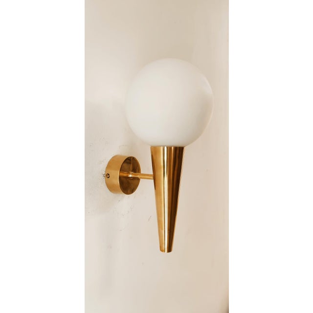Metal Brass Wall Light with White Sphere For Sale - Image 7 of 16