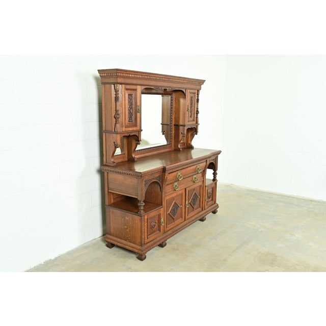 Victorian Herter Brothers Style Antique English Victorian Carved Oak Mirrored Back Bar or Sideboard, Circa 1890s For Sale - Image 3 of 12