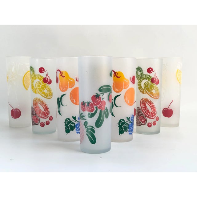 Midcentury Vintage Federal Frosted Colorful Fruit Glasses Set of 10