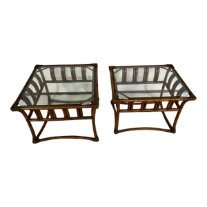 Mid 20th Century Vintage Ficks Reed Coastal Bamboo and Rattan Glass Top Side Tables—A Pair