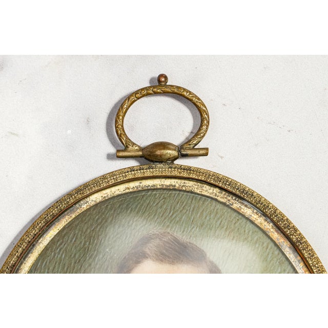 Early 20th Century Art Antique Portrait Miniature Painting Young Man Portrait in Ornate Brass Frame Home Decor For Sale - Image 13 of 16