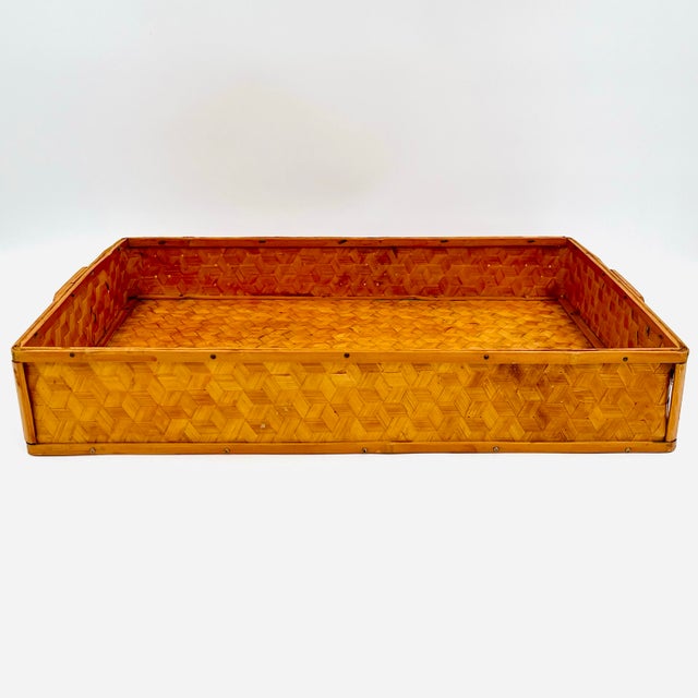 Wood Vintage Chinese Bamboo Serving Tray Woven Split Rattan For Sale - Image 7 of 10