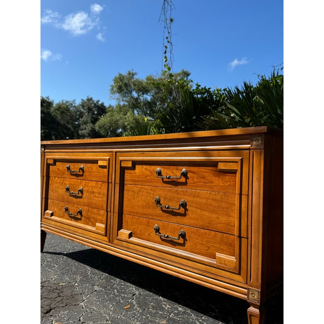 Thomasville Vintage Thomasville Campaign-Style Dresser | Six-Drawer Walnut Chest For Sale - Image 4 of 9