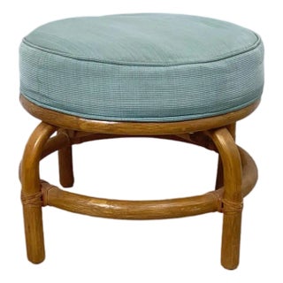Vintage Rattan Ottoman Footstool in Seafoam Green Upholstery For Sale