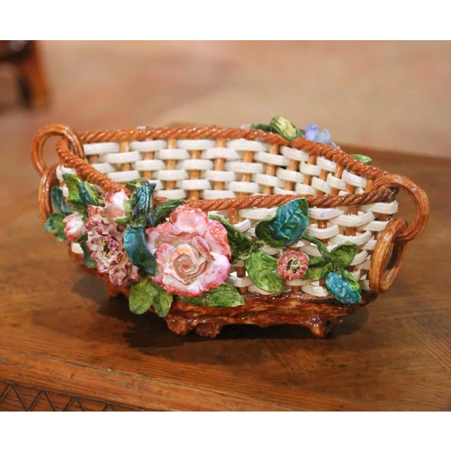 19th Century French Barbotine Porcelain Basket Jardinière With Flowers For Sale - Image 4 of 9