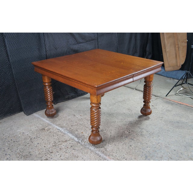 Antique American Arts & Crafts Quartersawn Oak Barley Twist Dining Table Extends For Sale - Image 6 of 18