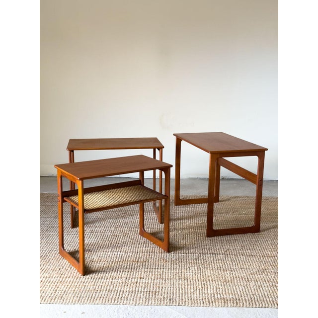 Teak Nest of Tables with Rattan Shelf by Johannes Andersen for Silkeborg, 1960s, Set of 3 For Sale - Image 6 of 17