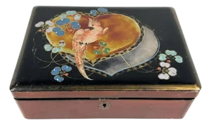 Mid 20th Century Art Nouveau Lacquered Parrot Box: Hand Painted Japanese Trinket