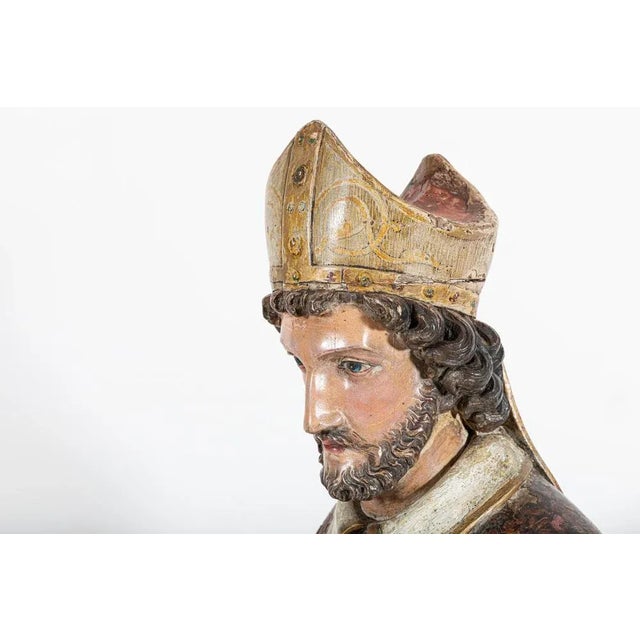 Wood 18th Century Italian Polychrome Carved Oak Bishop Statue For Sale - Image 7 of 18