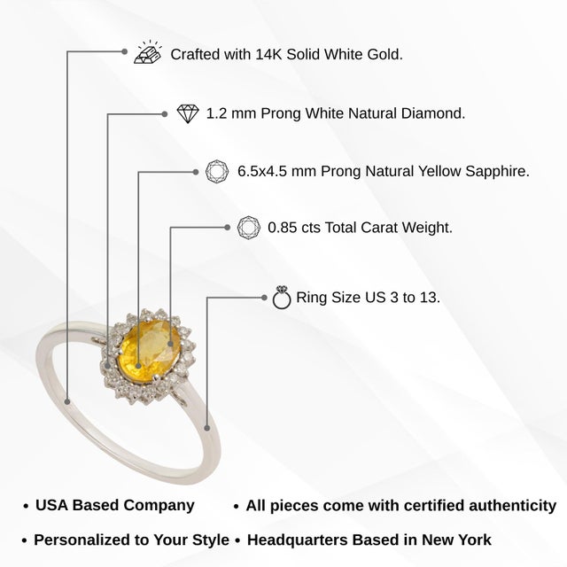 Oval Yellow Sapphire & Diamond Halo Vintage Ring in 14k White Gold Size 5 For Sale - Image 12 of 16