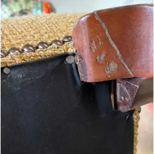 Beige Antique Cabriolet Leg Ball and Pad Foot Bench in a New Raffia Upholstery With Nail Heads For Sale - Image 8 of 8