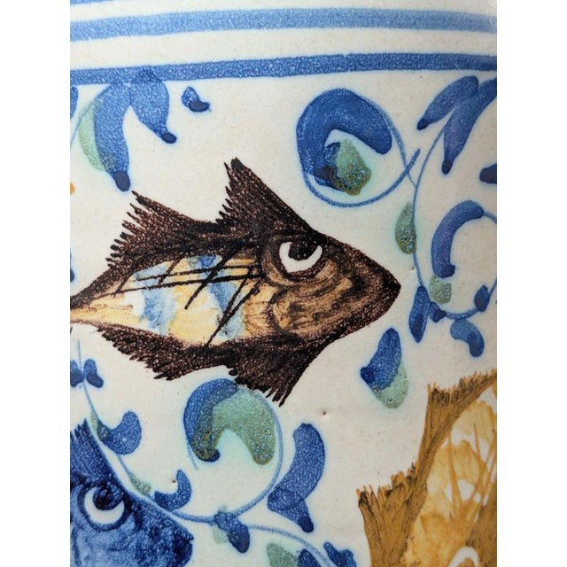 18th Century Sicilian Caltagirone Tin-Glazed Albarello with Fish Decoration For Sale - Image 3 of 13