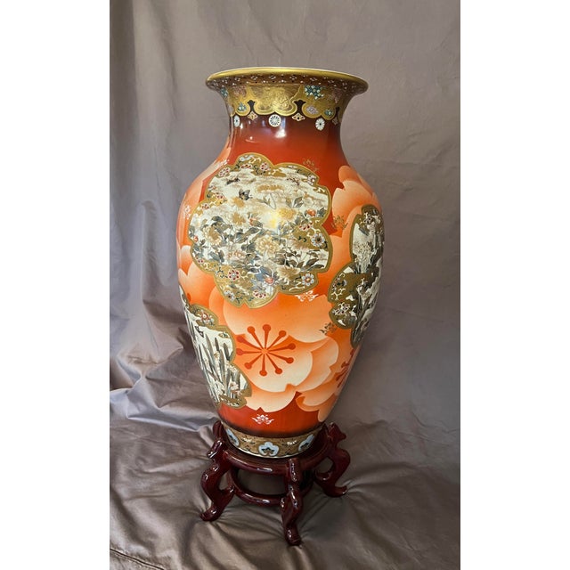 Japanese Antique Japanese Meiji Period Satsuma Floor Vase on Stand, Hand Painted Bird Panels, 21” For Sale - Image 3 of 11