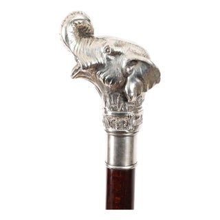 Antique Sterling Silver Elephant Walking Cane Stick, 1800s For Sale