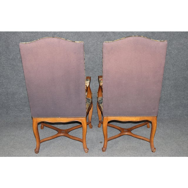 French Superb Pair French Louis XV Figural Needlepoint Throne Armchairs 1900 For Sale - Image 3 of 9