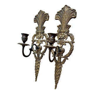 1940s Art Nouveau Heavy Brass Candle Wall Sconces, a Pair For Sale