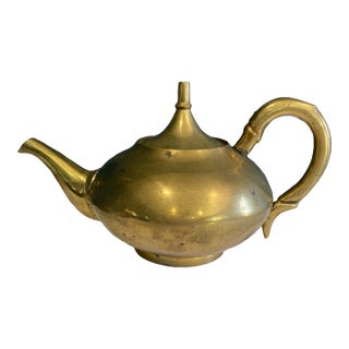 Mid-Century Indian Brass Teapot With Faux Bamboo Handle and Lid For Sale