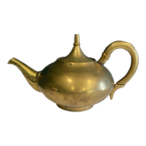 Mid-Century Indian Brass Teapot With Faux Bamboo Handle and Lid