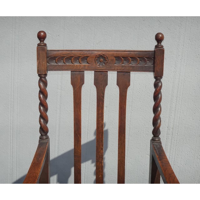 Vintage French Country Brown Oak Barley Twist Arm Chair For Sale - Image 4 of 16