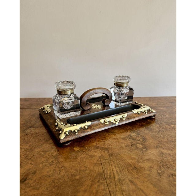 Gold Antique Victorian Burr Walnut and Brass Mounted Double Sided Desk Set, 1860, Set of 3 For Sale - Image 8 of 8